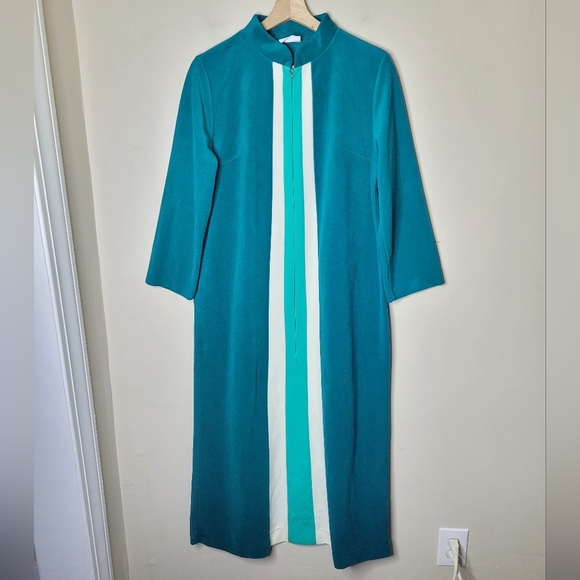 Vintage 70s JCPenney Robe Women’s 14 Aqua Stripe Half Zip A-Line Lounge Dacron - Picture 2 of 9